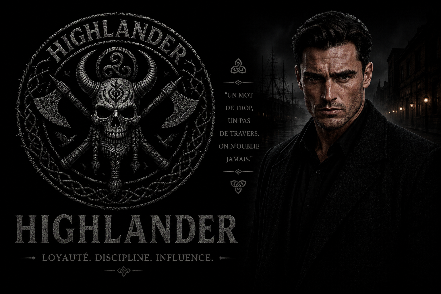 Highlander, blason du gang et portrait de Cillian Dumbray